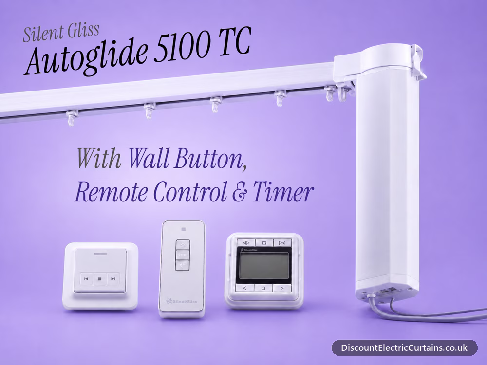 Autoglide 5100 TC - The complete package with wall switch, remote, and timer Silent Gliss Autoglide 5100 TC Electric Curtain Track with wall switch, remote control and programmable timer