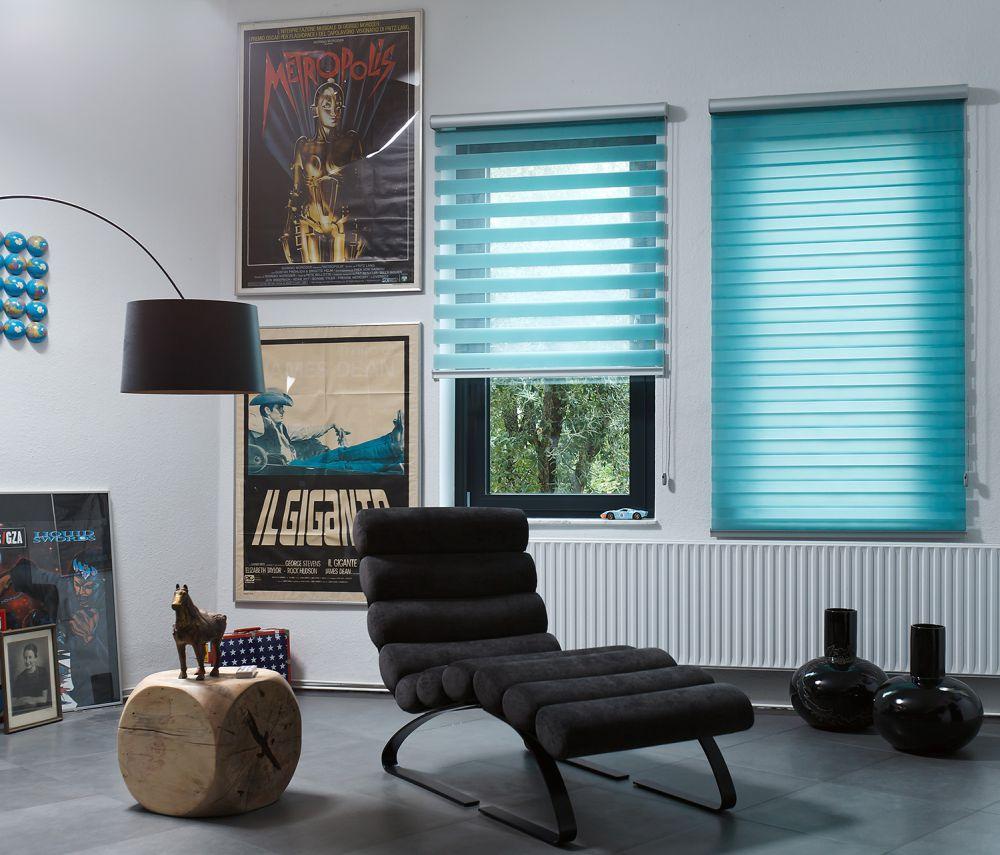 Vision roller blind — alternating sheer and opaque fabric strips Vision Roller Blind installed in living room