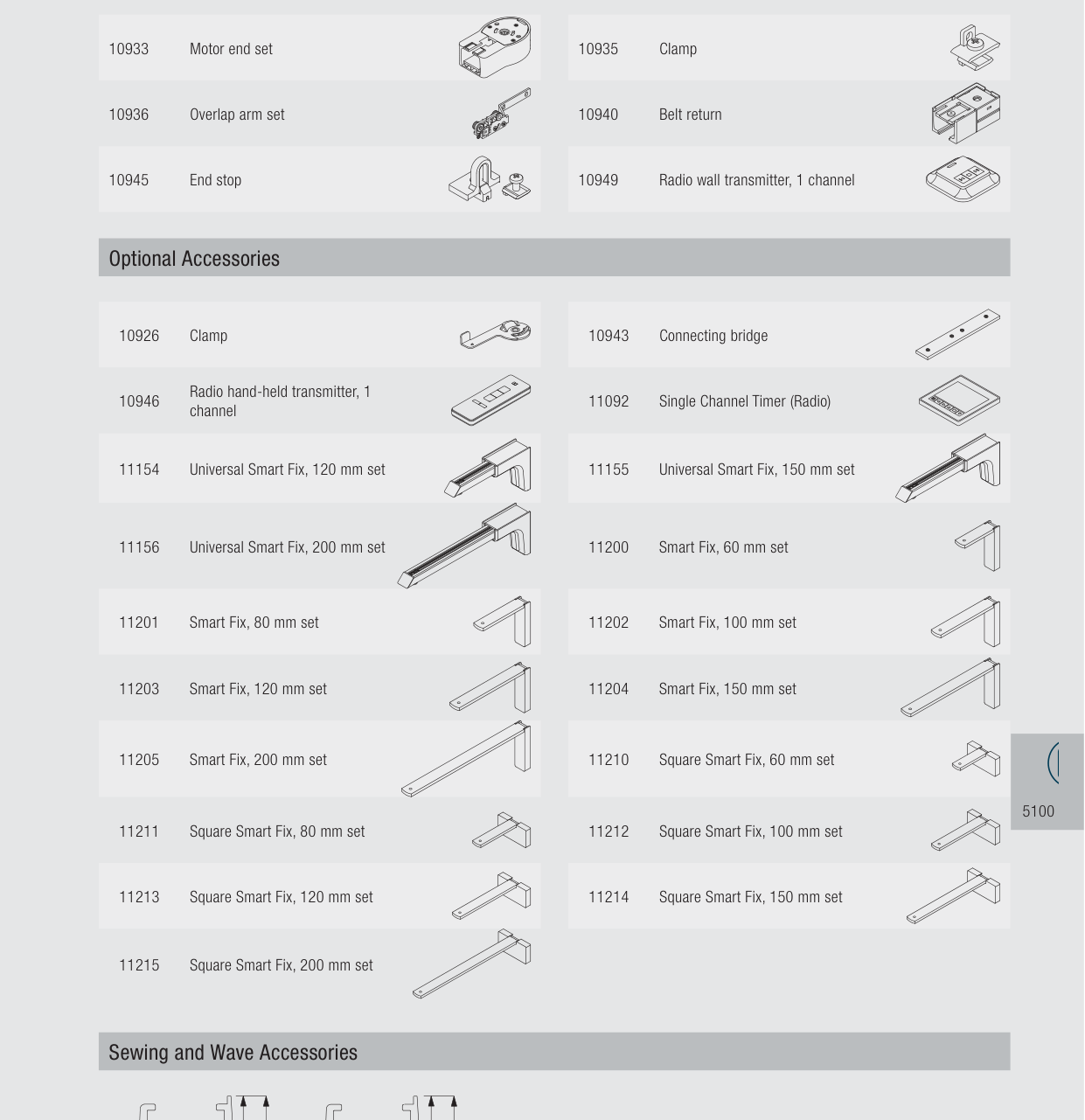 Silent Gliss 5100 standard components and optional accessories with SG part numbers, including motor end set 10933, clamp 10935, overlap arm set 10936, belt return 10940, end stop 10945, radio wall transmitter 10949, plus optional handheld remote 10946 and single channel timer 11092