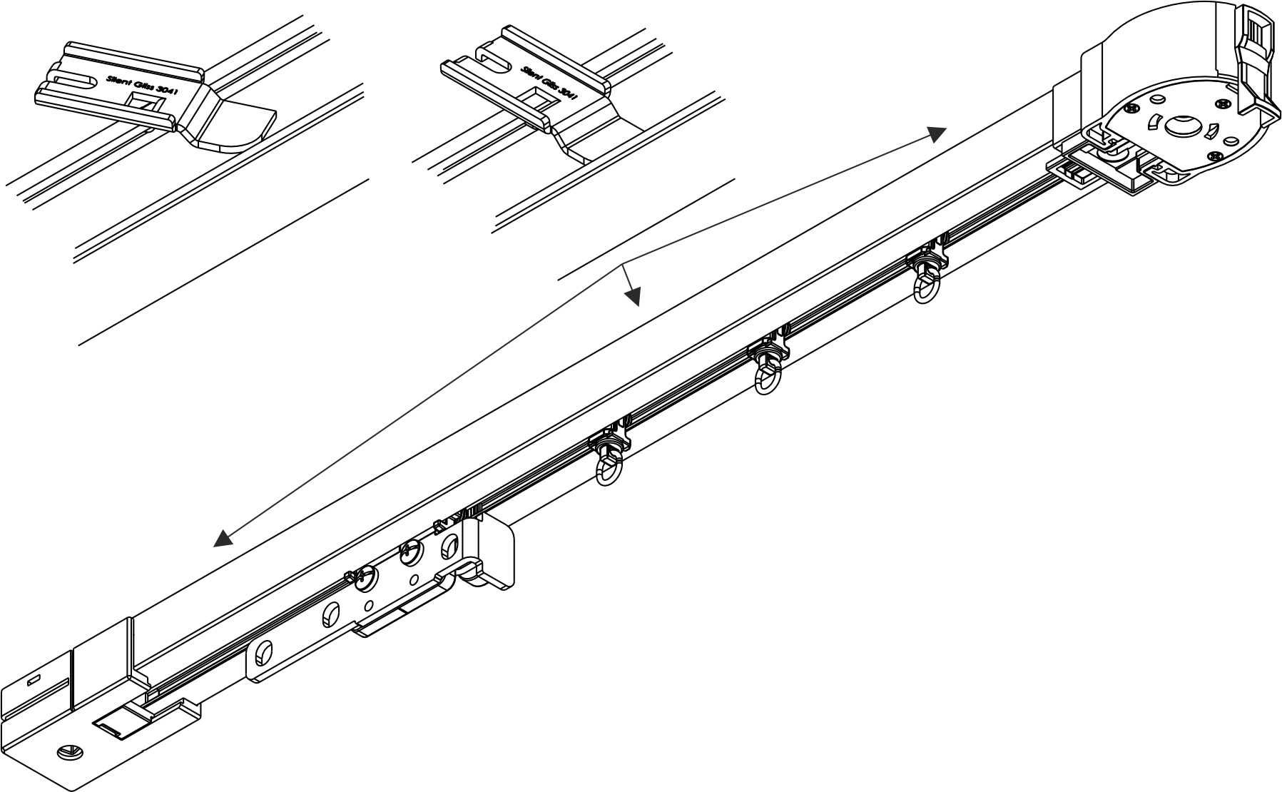 Silent Gliss 5100 track assembly cutaway, showing the aluminium profile, motor end-cap, master carrier, slave gliders, end-stop and ceiling clamps in an exploded isometric view
