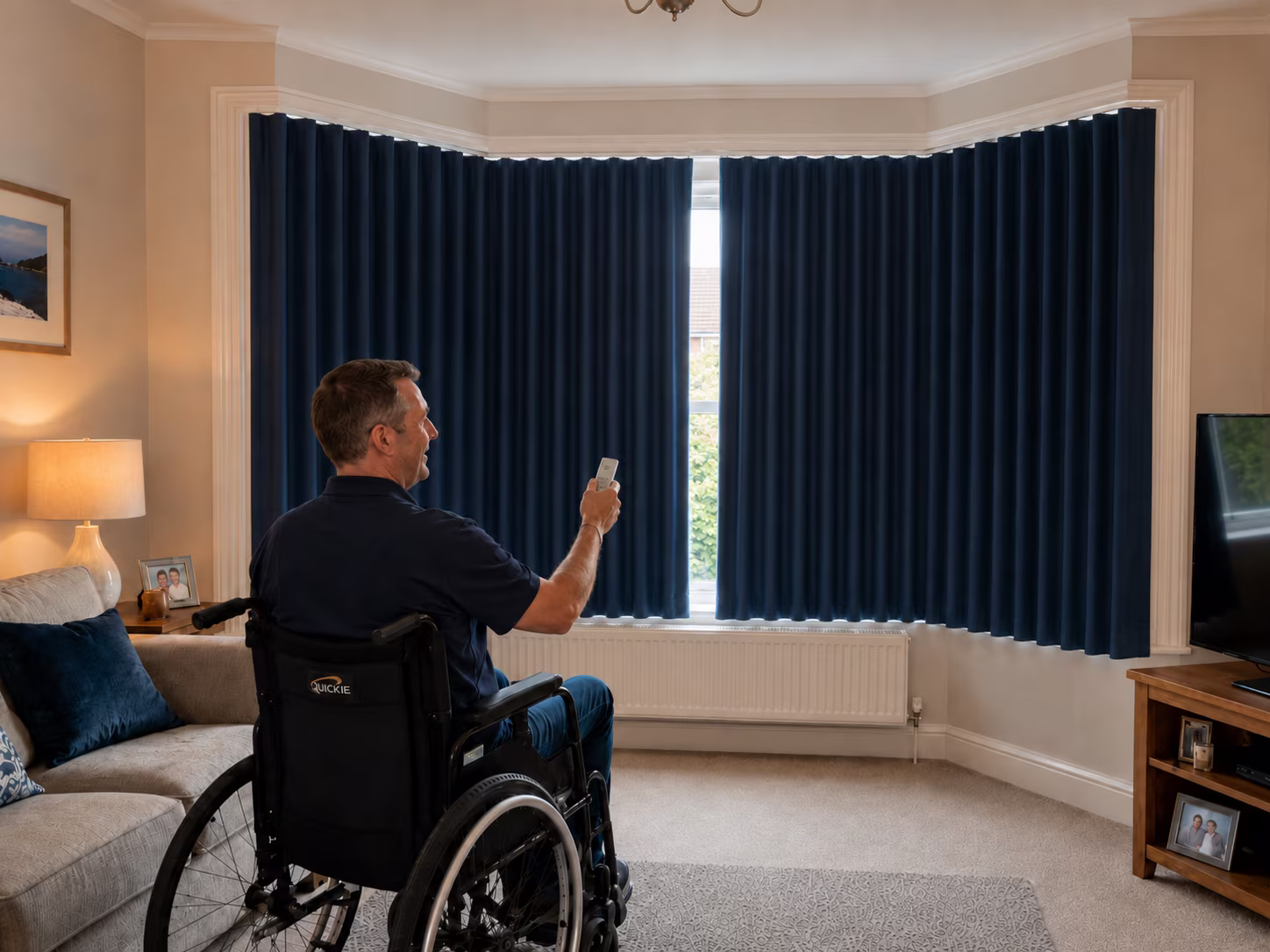 A man using a wheelchair operates his electric curtains by remote control from across the living room. The deep blue bay-window curtains are drawn back at the centre, letting natural light through the window.